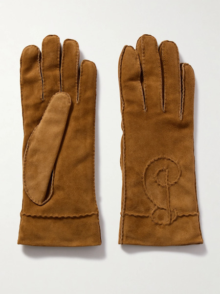  Burberry Burberry - Embroidered Suede Gloves - Brown 