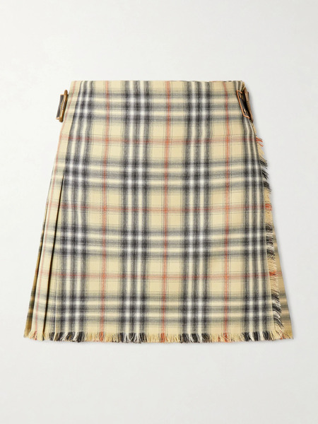  Burberry Burberry - Leather-trimmed Pleated Checked Wool Mini Skirt - Beige 