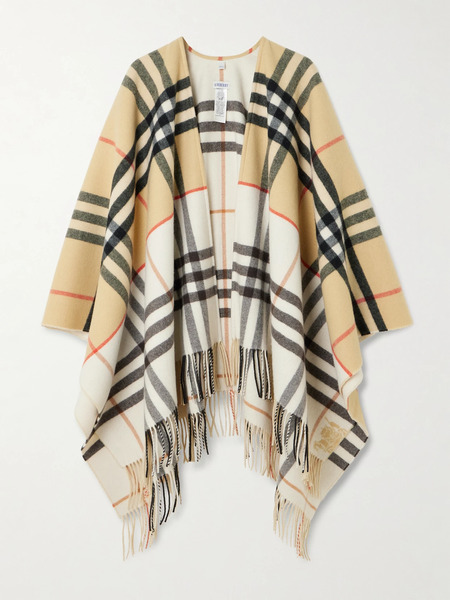  Burberry Burberry - Oversized Fringed Checked Cashmere And Wool-blend Cape - Beige 