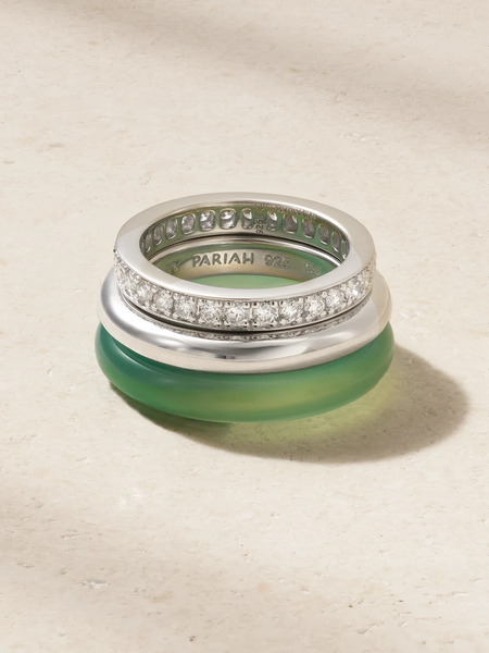  By Pariah By Pariah - Kalahari Set Of Three Sterling Silver, Chalcedony And Diamond Rings - Green 