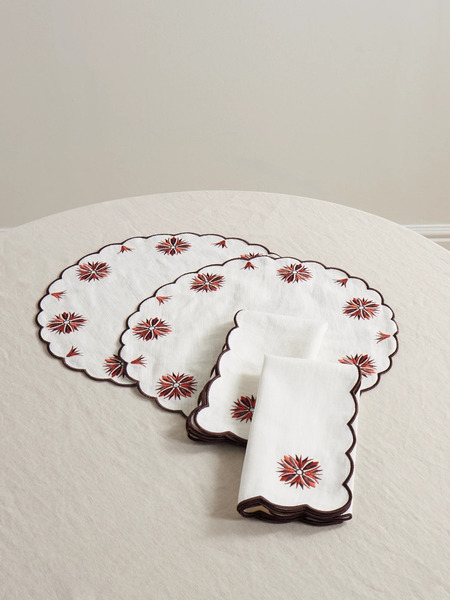  Cabana Cabana - Set Of Two Botanica Embroidered Linen And Cotton-blend Placemats And Napkins - White 