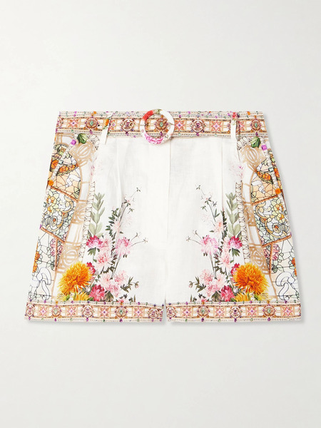  Camilla Camilla - Belted Crystal-embellished Floral-print Linen Shorts - Off-white 