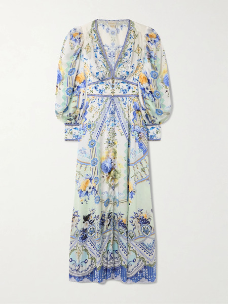  Camilla Camilla - Crystal-embellished Shirred Printed Silk Maxi Dress - Blue 