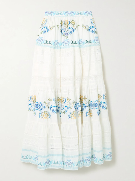  Camilla Camilla - My Homespun Heart Lace-trimmed Embroidered Printed Tiered Cotton And Silk-blend Maxi Skirt - White 