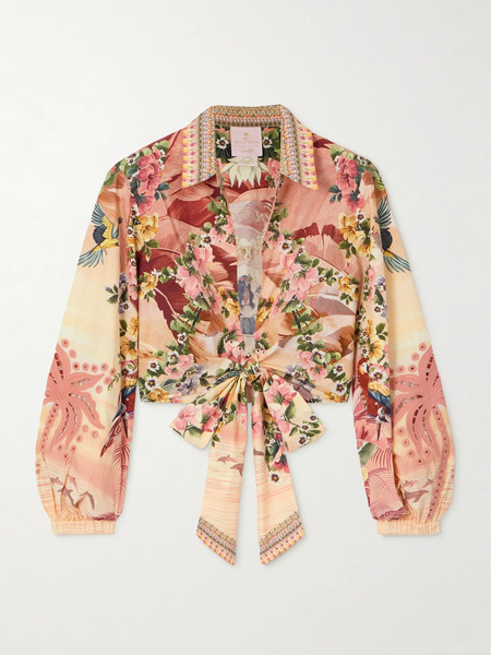  Camilla Camilla - + The White Lotus Cropped Printed Crystal-embellished Organic Cotton-poplin Wrap Shirt - Pink 