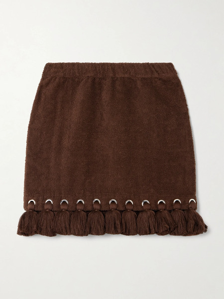  Cap D’antibes Cap D'antibes - Tasseled Eyelet-embellished Cotton-terry Mini Skirt - Chocolate 
