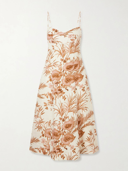  Cara Cara Cara Cara - Cherry Floral-print Linen Midi Dress - Camel 