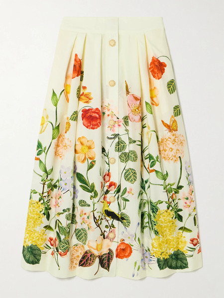  Cara Cara Cara Cara - Marge Button-embellished Floral-print Pleated Cotton-poplin Midi Skirt - Cream 