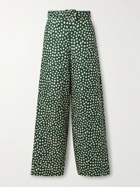  Cara Cara Cara Cara - Mayflower Belted Polka-dot Linen Wide-leg Pants - Green 