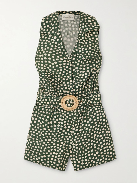  Cara Cara Cara Cara - Yuki Belted Pleated Polka-dot Linen Playsuit - Green 