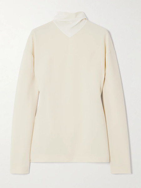  Carven Carven - Fringed Scarf-detailed Silk-trimmed Wool-blend Blouse - Ecru 