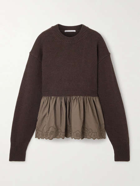  Cecilie Bahnsen Cecilie Bahnsen - Embroidered Cashmere And Wool-blend And Shell Peplum Sweater - Brown 