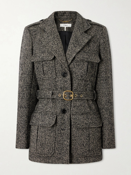  Chloé Chloé - Belted Herringbone Wool-blend Jacket - Brown 