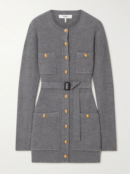  Chloé Chloé - Belted Ribbed Wool-blend Mini Dress - Gray 
