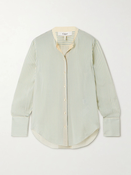  Chloé Chloé - Cotton Poplin-trimmed Striped Silk Shirt - Light Blue 