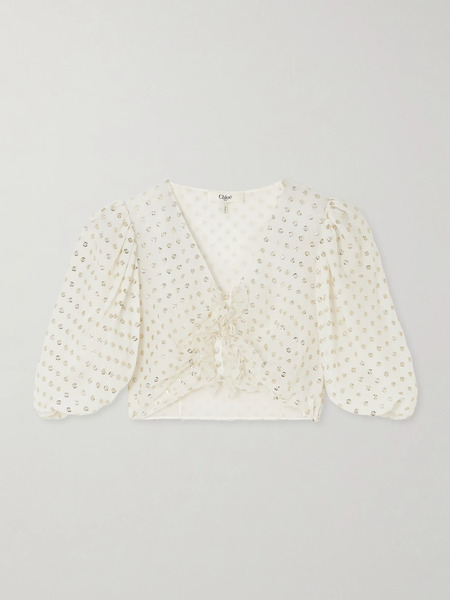  Chloé Chloé - Cropped Ruffled Gathered Metallic Polka-dot Silk-blend Top - Ivory 