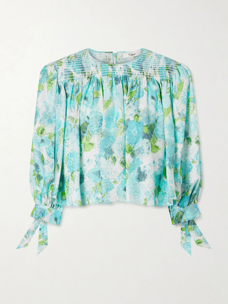  Chloé Chloé - Cropped Smocked Floral-print Silk-jacquard Blouse - Blue 