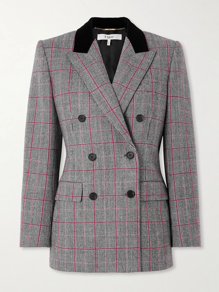  Chloé Chloé - Double-breasted Velvet-trimmed Checked Wool Blazer - Black 