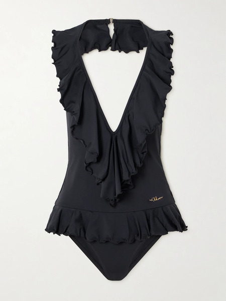  Chloé Chloé - Embellished Ruffled Halterneck Swimsuit - Black 