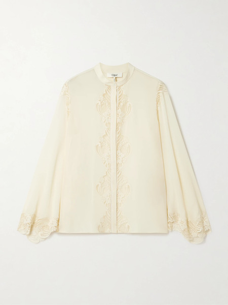  Chloé Chloé - Embroidered Lace-trimmed Organic Silk-georgette Blouse - Cream 