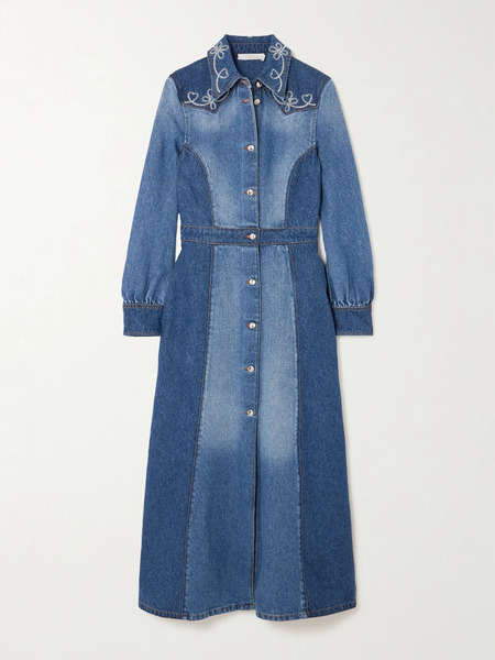  Chloé Chloé - Embroidered Two-tone Cotton And Hemp-blend Denim Midi Dress - Blue 