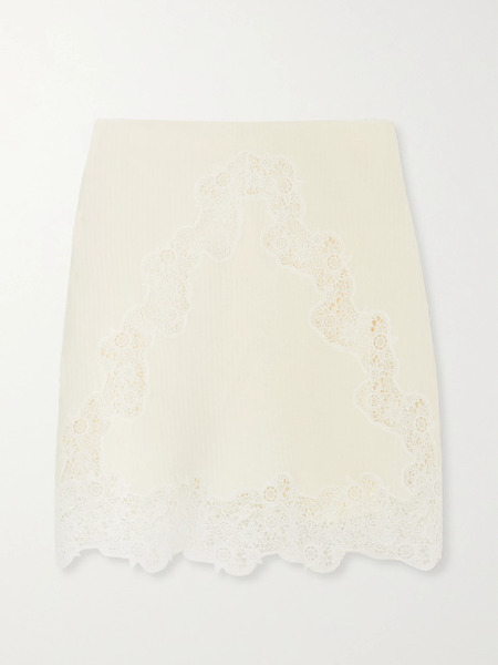  Chloé Chloé - Guipure Lace-paneled Ribbed Wool Mini Skirt - White 
