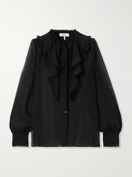 Chloé Chloé - Lace-trimmed Pleated Silk-chiffon Blouse - Black 
