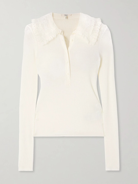  Chloé Chloé - Lace-trimmed Ribbed Wool Polo Shirt - White 