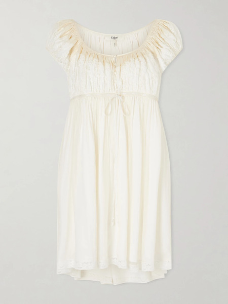  Chloé Chloé - Lace-trimmed Silk-crepon Mini Dress - White 