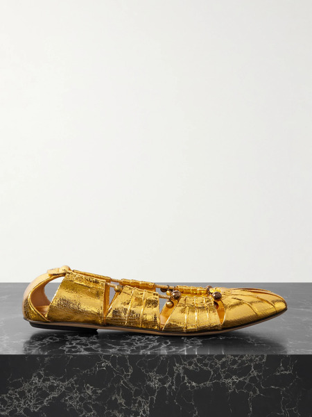  Chloé Chloé - Luna Cutout Embellished Gathered Metallic Leather Ballet Flats - Gold 