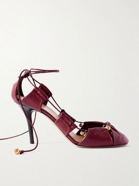 Chloé Chloé - Luna Cutout Embellished Pleated Leather Pumps - Burgundy 