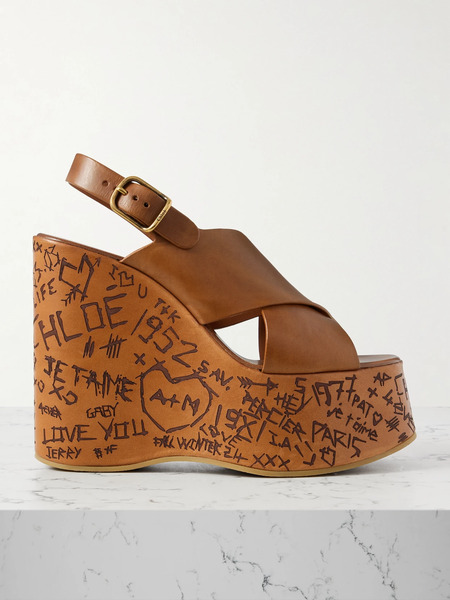  Chloé Chloé - Maxime Leather Platform Wedge Sandals - Tan 
