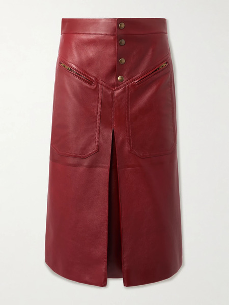  Chloé Chloé - Pleated Paneled Leather Midi Skirt - Burgundy 