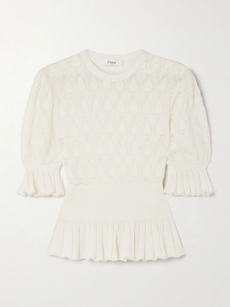  Chloé Chloé - Pointelle-knit Wool-blend Peplum Sweater - Cream 