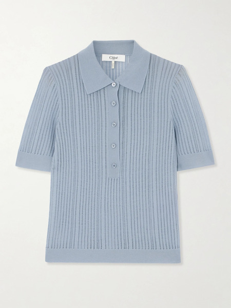  Chloé Chloé - Ribbed Open-knit Wool Polo Shirt - Light Blue 