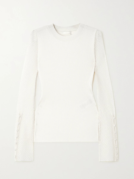  Chloé Chloé - Ribbed Wool-blend And Pointelle-knit Linen-blend Top - White 