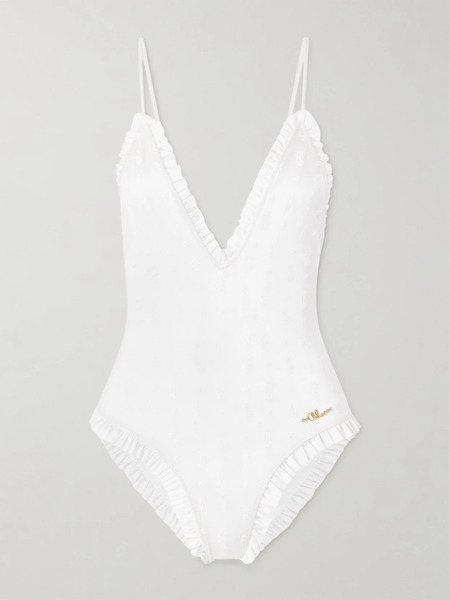  Chloé Chloé - Ruffled Broderie Anglaise Swimsuit - White 