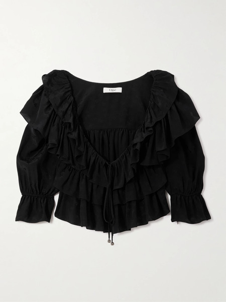  Chloé Chloé - Ruffled Cropped Floral-jacquard Blouse - Black 