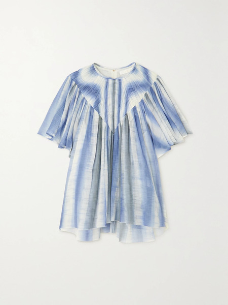  Chloé Chloé - Ruffled Smocked Tie-dyed Wool-gauze Top - Blue 