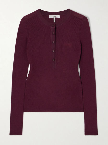  Chloé Chloé - Silk-trimmed Ribbed Wool Sweater - Burgundy 