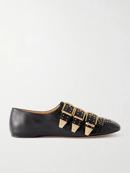  Chloé Chloé - Susan Studded Buckled Leather Flats - Black 