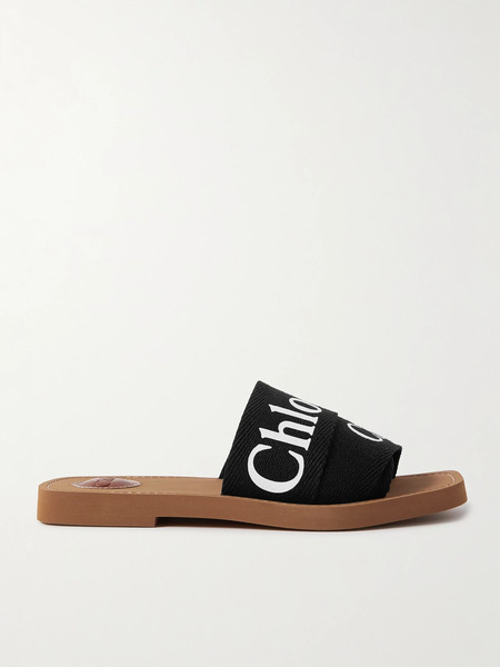  Chloé Chloé - Woody Logo-print Canvas Slides - Black 