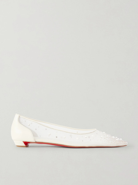  Christian Louboutin Christian Louboutin - Miss Z Degrastrassina Leather-trimmed Embellished Mesh Point-toe Flats - White 