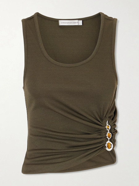  Christopher Esber Christopher Esber - Droplet Embellished Ruched Ribbed-jersey Tank - Army Green 