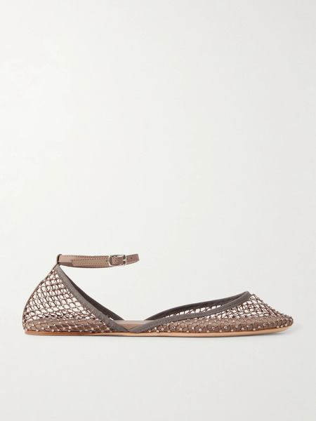  Christopher Esber Christopher Esber - Minette Leather-trimmed Crystal-embellished Mesh Ballet Flats - Brown 