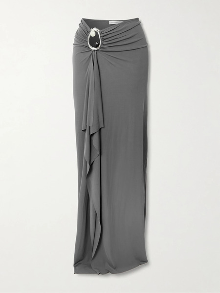  Christopher Esber Christopher Esber - Orica Asymmetric Embellished Ruched Draped Jersey Maxi Skirt - Gray 