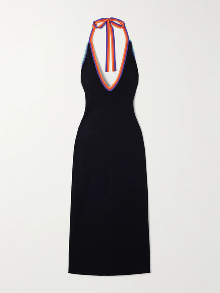  Christopher John Rogers Christopher John Rogers - Cutout Striped Stretch-knit Halterneck Midi Dress - Black 