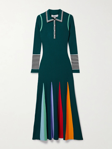  Christopher John Rogers Christopher John Rogers - Godet Striped Ribbed Merino Wool Polo Maxi Dress - Green 