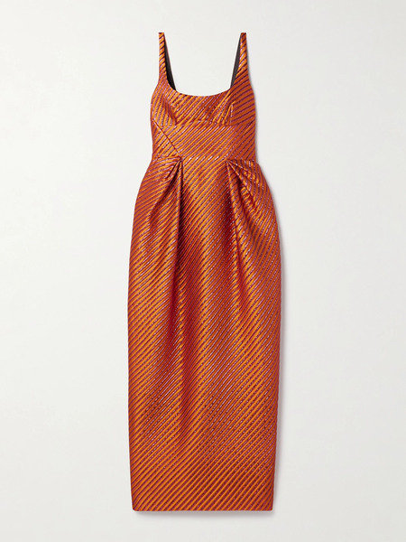 Christopher John Rogers Christopher John Rogers - Pleated Striped Metallic Jacquard Maxi Dress - Orange 