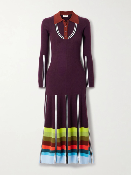  Christopher John Rogers Christopher John Rogers - Striped Ribbed Wool-blend Maxi Dress - Burgundy 
